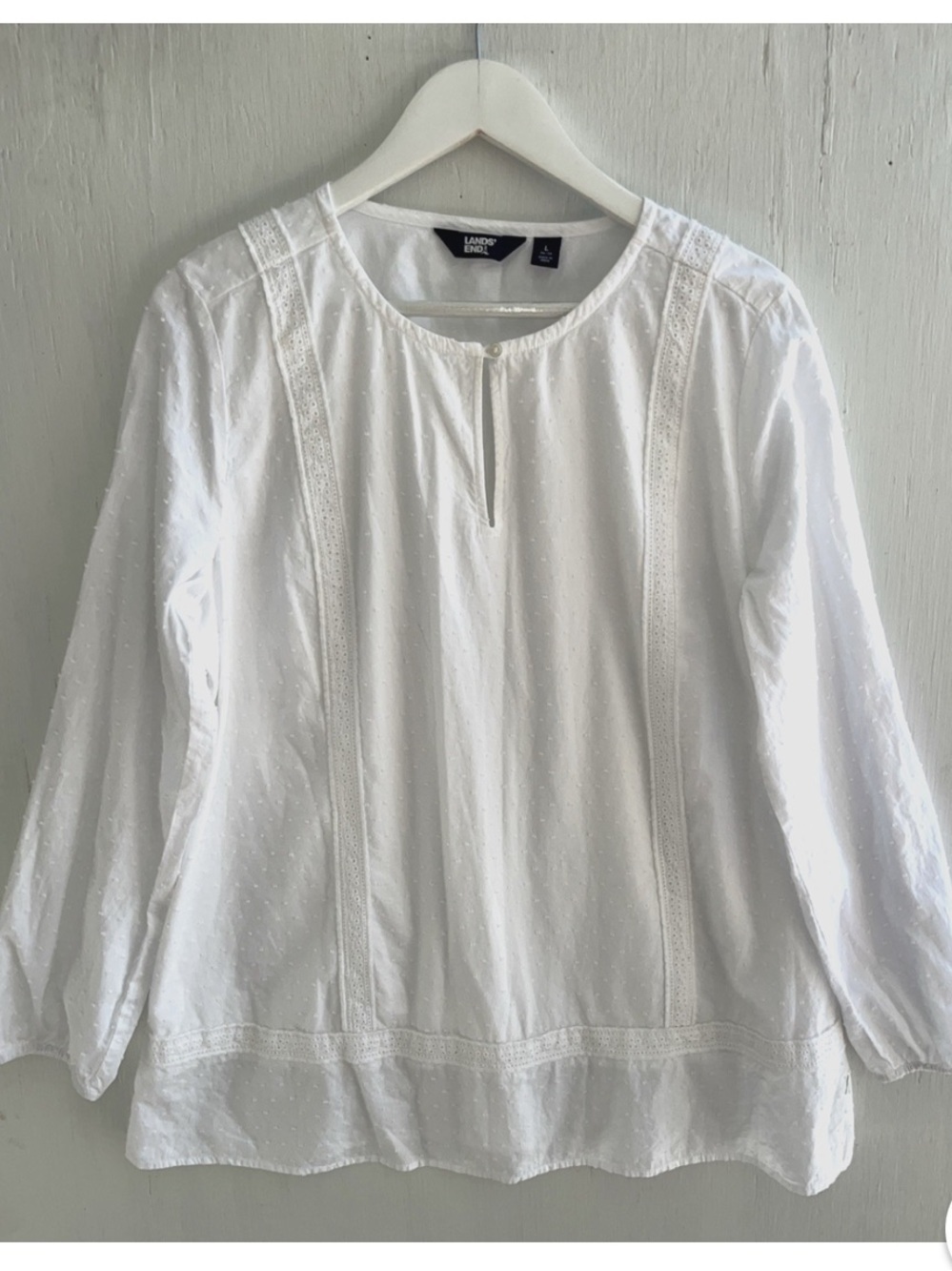 Lands' End White Cotton Eyelet-Trim Tunic Top Keyhole Neck 100% Cotton